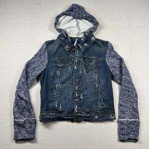 Free People Denim Jacket‎ Womens M Hoodie Knit Sleeves Distressed Trucker